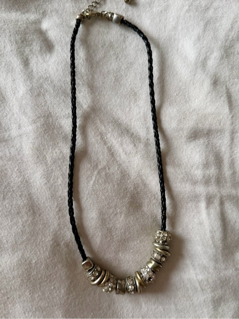 Silver Bead Black Braided Cord Necklace